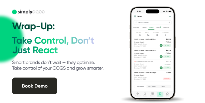 SimplyDepo banner urging brands to cut CPG costs, showing a smartphone with order app, dark Book Demo button, and minimal backdrop.
