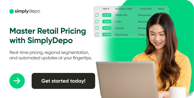 Smiling woman using laptop with overlay text: Master Retail Pricing Strategy with SimplyDepo. Green button: Get started today!