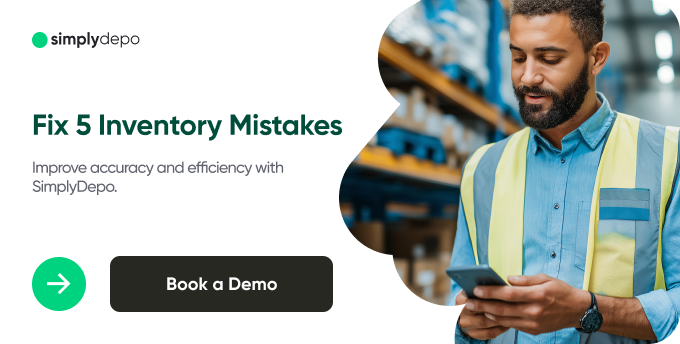 A warehouse worker in a safety vest checks his phone. Overlay text: Fix 5 Inventory Mistakes, improve accuracy with SimplyDepo. Book a Demo button.