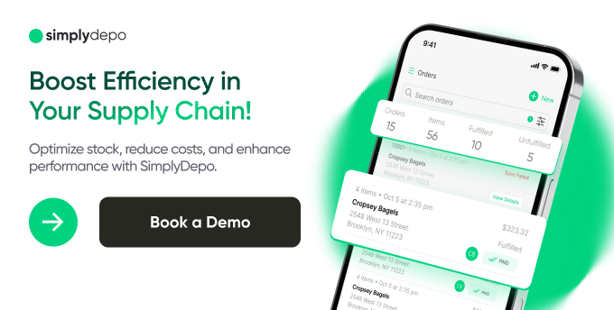 SimplyDepo promo banner with a phone showing order management, promoting supply chain efficiency. Includes Book a Demo button.