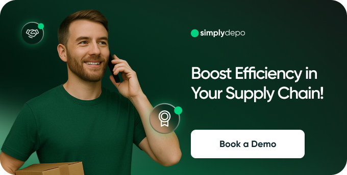 Smiling man holding a box and talking on the phone. Text: “Boost Efficiency in Your CPG Supply Chain Network Optimization!” Button: “Book a Demo.” simplydepo logo on green background.