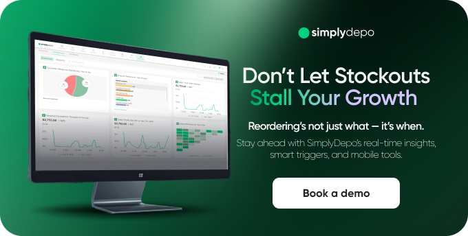 A computer monitor shows analytics dashboards and a message: “Don’t Let Stockouts Stall Your Growth. Book a demo with SimplyDepo.”.
