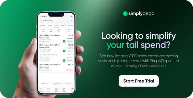 A smartphone shows order details in an app, alongside SimplyDepo’s offer to simplify CPG tail spend and a “Start Free Trial” button.