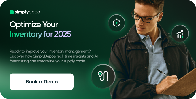 Man in glasses writing on clipboard with Optimize Your Inventory for 2025 by SimplyDepo, CPG insights icons, green background, Book a Demo.