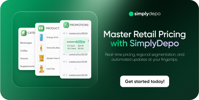SimplyDepo banner showcasing retail pricing strategies and exclusive promotions. Tagline: Master Retail Pricing with a green Get Started button.