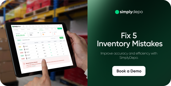 Someone holding a tablet shows an inventory dashboard in a warehouse. Screen text promotes fixing inventory mistakes with SimplyDepo.