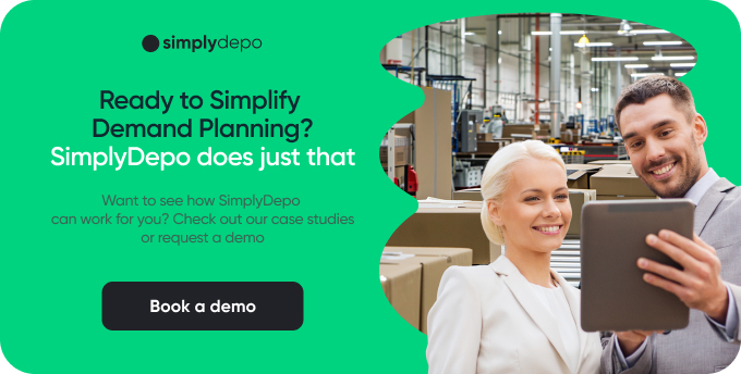 A woman and man smiling at a tablet in a warehouse, with SimplyDepos demand planning demo invite text on the left.