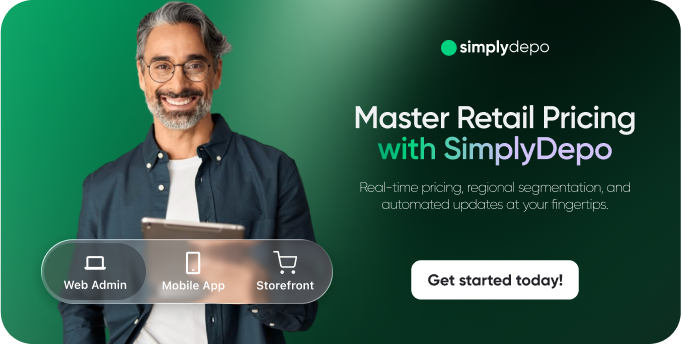 Smiling gray-haired man with glasses holds a tablet, promoting SimplyDepo’s retail platform with web, mobile, and storefront tools.