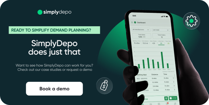 A hand holds a smartphone showing a demand planning bar chart. Text says: Simplify demand planning with SimplyDepo. Book a demo.