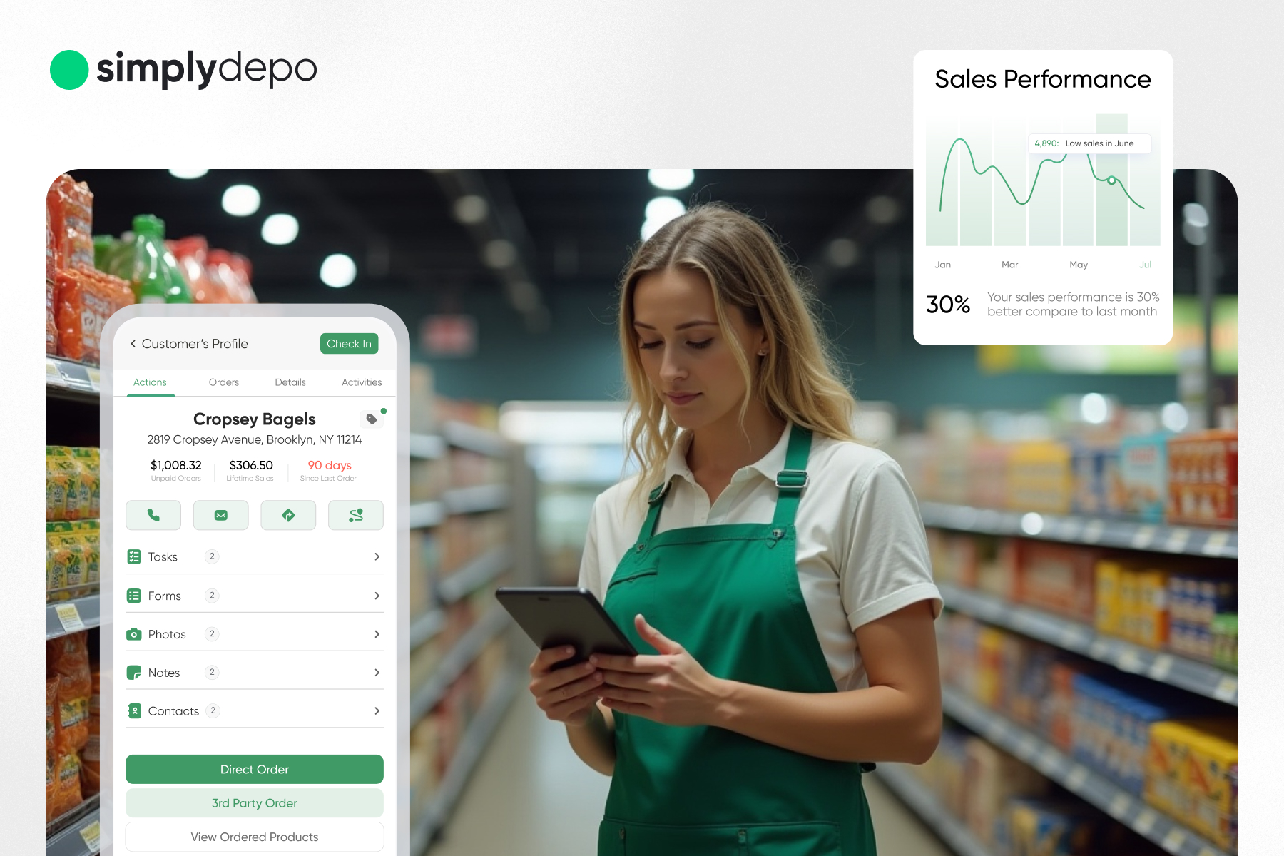 In a grocery store aisle, a woman in a green apron uses a tablet showing Cropsey Bagels’ profile and sales chart with 30% growth.