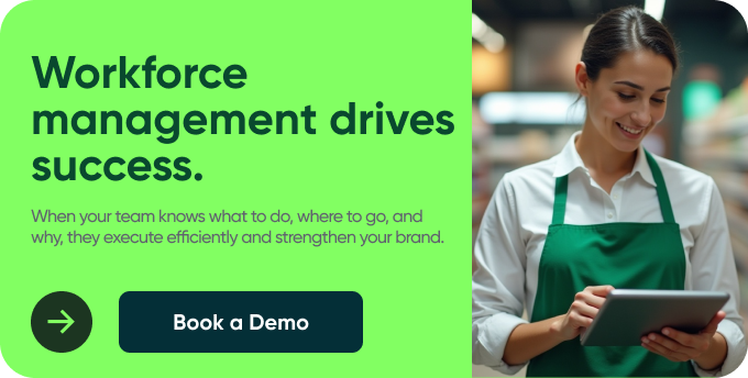 A cheerful woman in a green apron uses a tablet in a retail store. Text: Retail workforce management drives success. Book a Demo button.