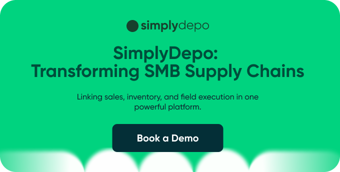 SimplyDepo ad on a green background, promoting a demo of their SMB supply chain platform for sales, inventory, and workforce management.