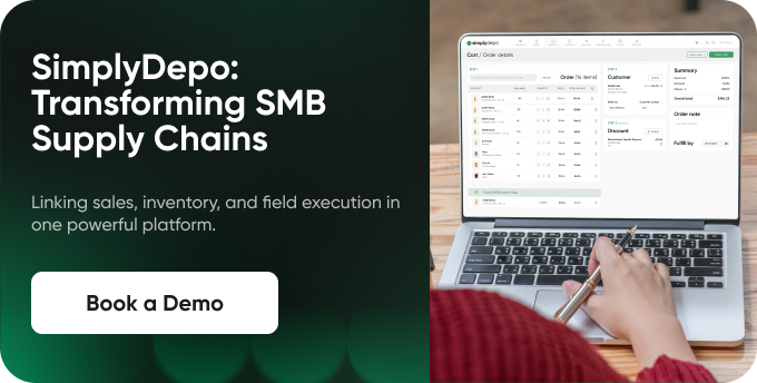 Person working on a laptop with a SimplyDepo supply chain dashboard and Book a Demo button for SMB sales, inventory, and workforce.