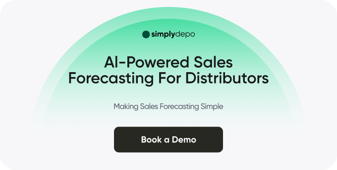 SimplyDepo banner with “AI-Powered Sales Forecasting for Distributors” text, green gradient semicircle, and black Book a Demo button.