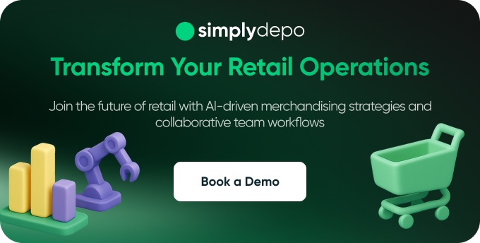 Simplydepo digital ad with Transform Your Retail Operations, Book a Demo button, and 3D bar graph, robotic arm, and cart on green.