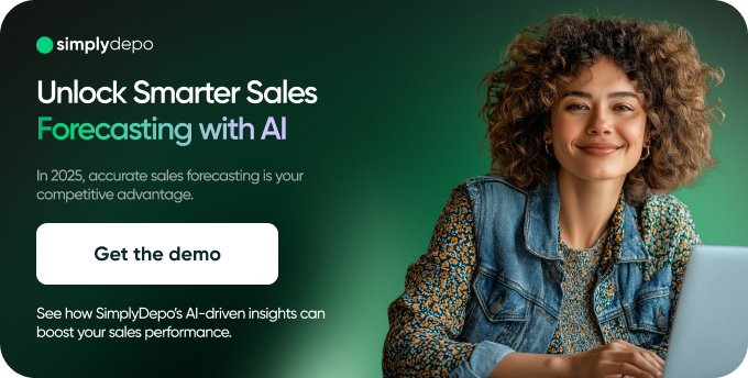 Smiling woman with curly hair sits at desk beside SimplyDepo sales forecasting ad, inviting viewers to demo smarter tools for 2025.