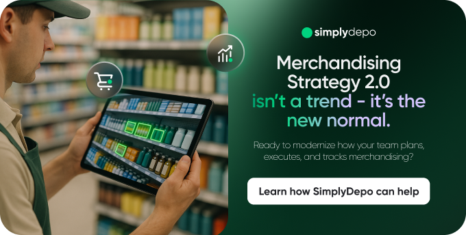 A retail worker displays a tablet featuring store shelves. Text reads: “A strong merchandising strategy is the new normal. Learn how SimplyDepo can help.” SimplyDepo logo at the top.