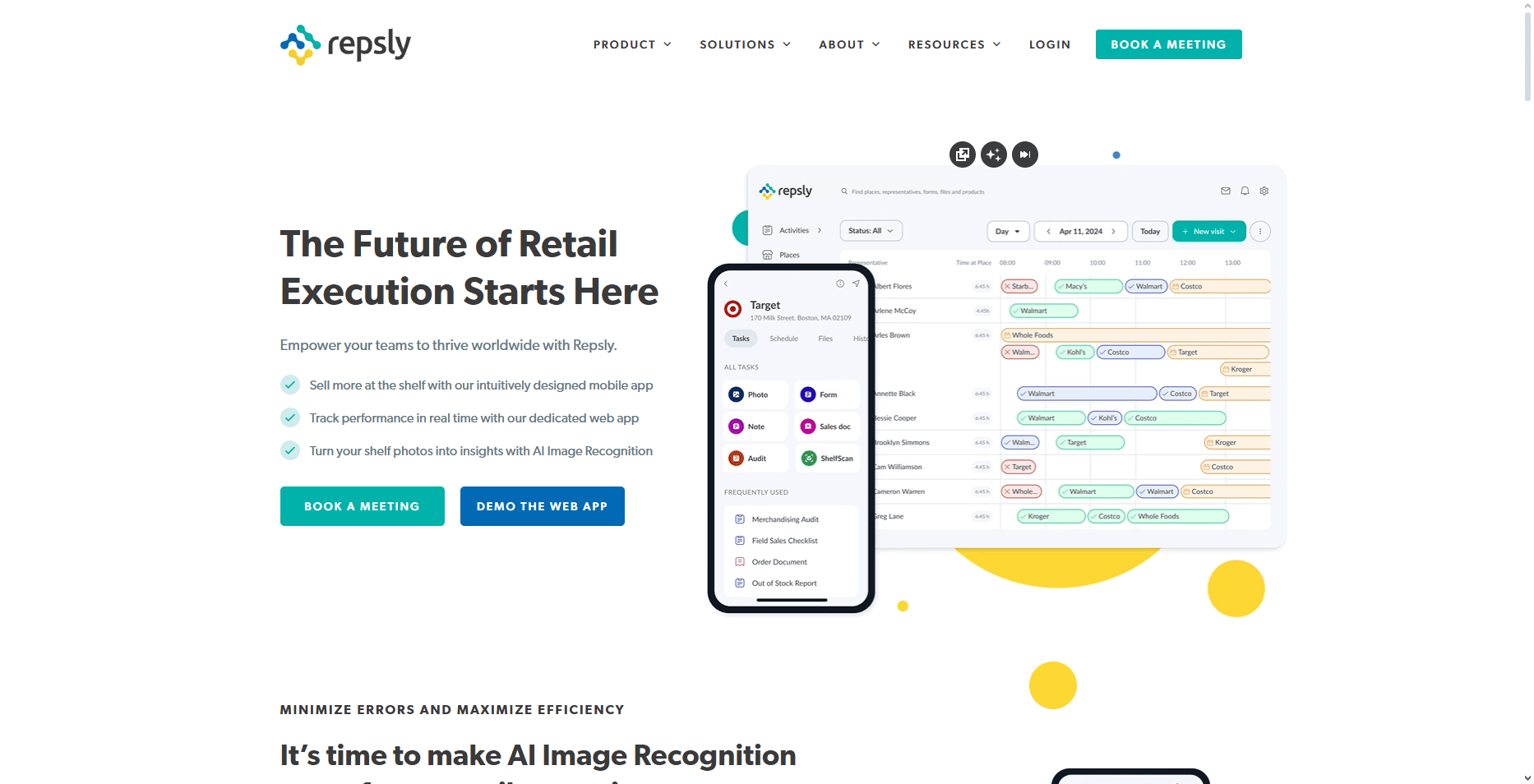 Repsly homepage screenshot showing navigation menus, Retail Execution Monitoring Software headline, CTAs, and Field Sales dashboard on mobile and desktop.