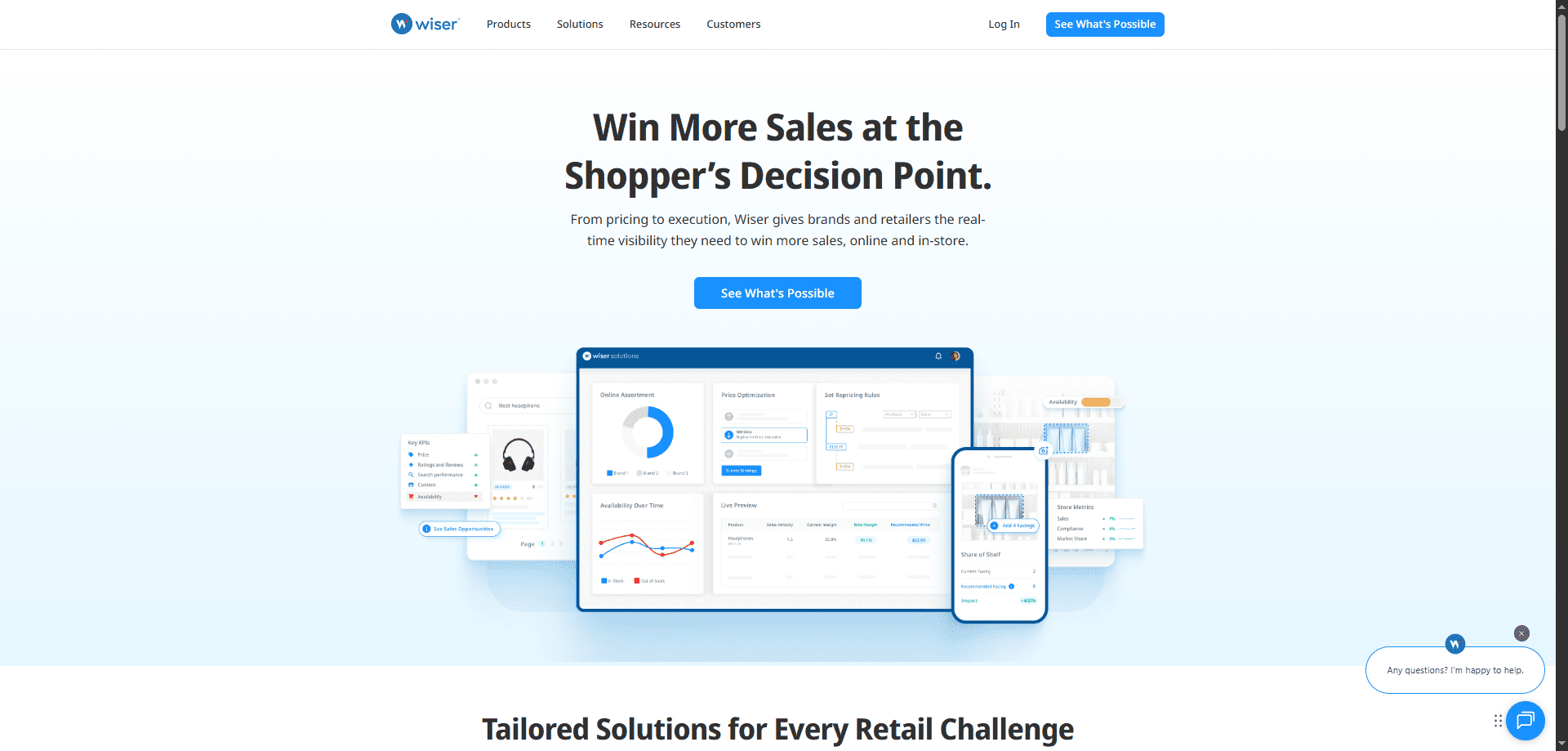 Wiser homepage screenshot with the headline “Win More Sales at the Shopper’s Decision Point,” blue CTA button, and CPG dashboard charts.