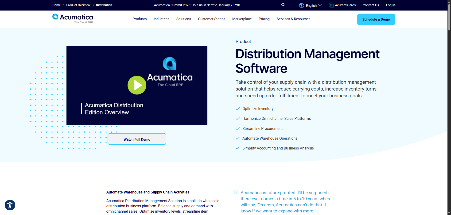 Acumatica website screenshot showing an Acumatica Distribution Edition Overview video, intro to food distribution software, and Watch Full Demo button.