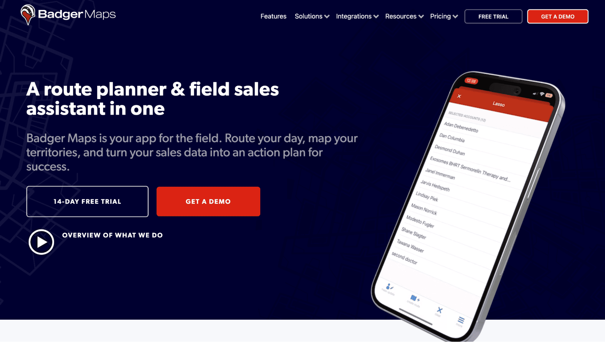 Badger Maps homepage with top sales productivity tools, mobile app preview, and 14-Day Free Trial and Get a Demo buttons visible.