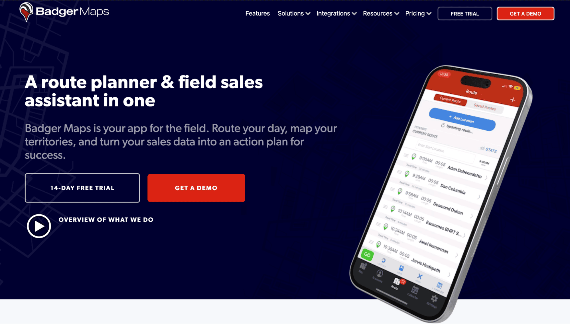 Badger Maps homepage screenshot showing route planning for field reps, free trial and demo buttons, plus a phone with sales routes.