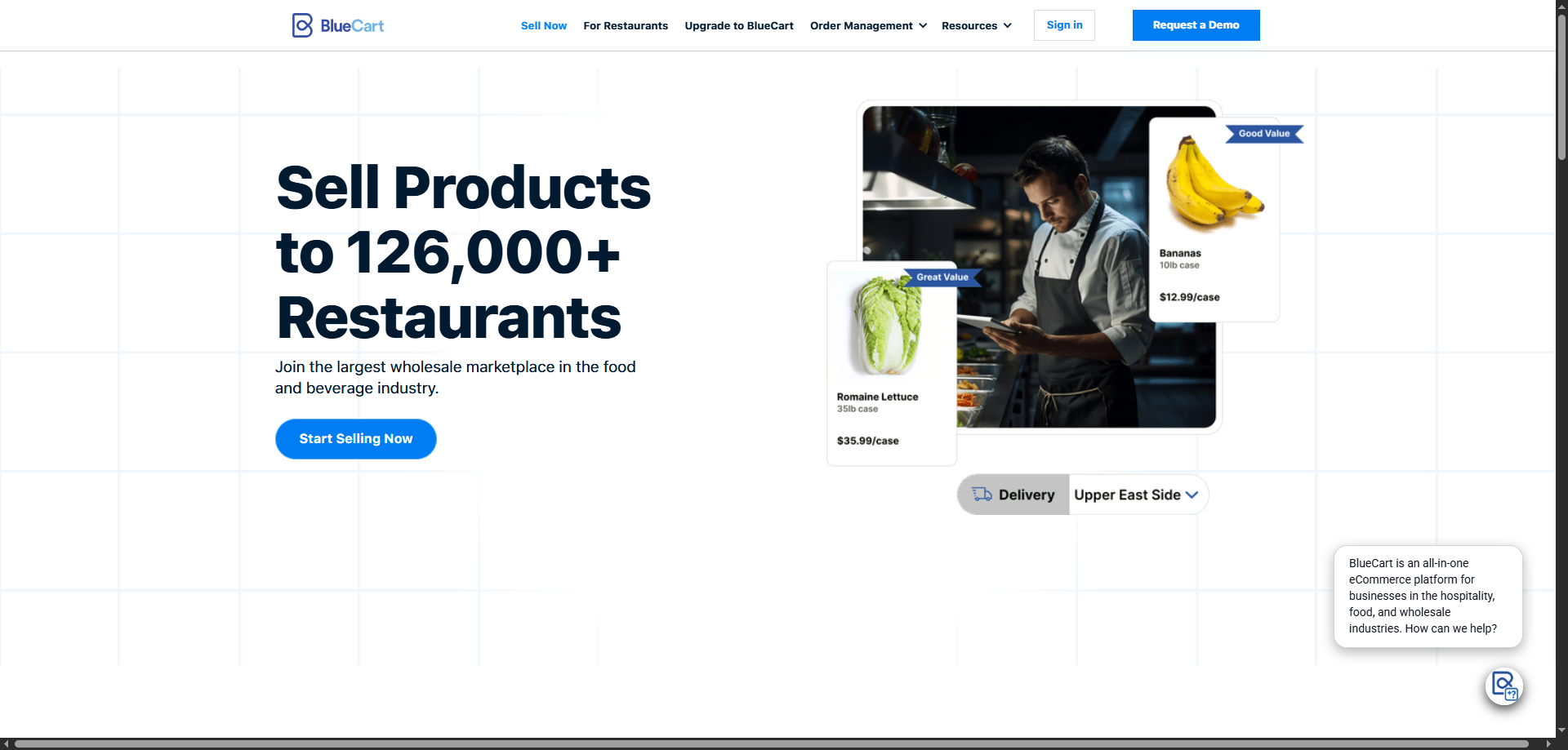 BlueCart homepage with "Sell Products to 126,000+ Restaurants" headline, chef photos, produce cards, prices, and chat feature.