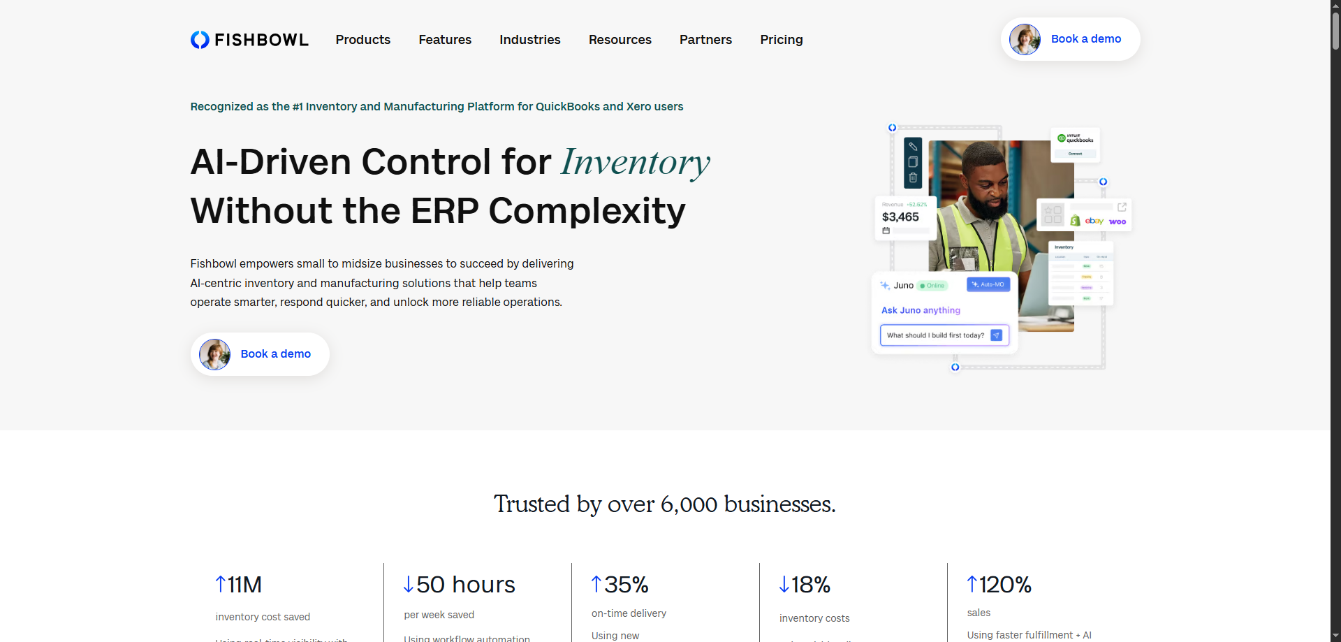Fishbowl homepage featuring AI inventory control headline, navigation bar, demo booking button, worker with data overlays, and stats below.