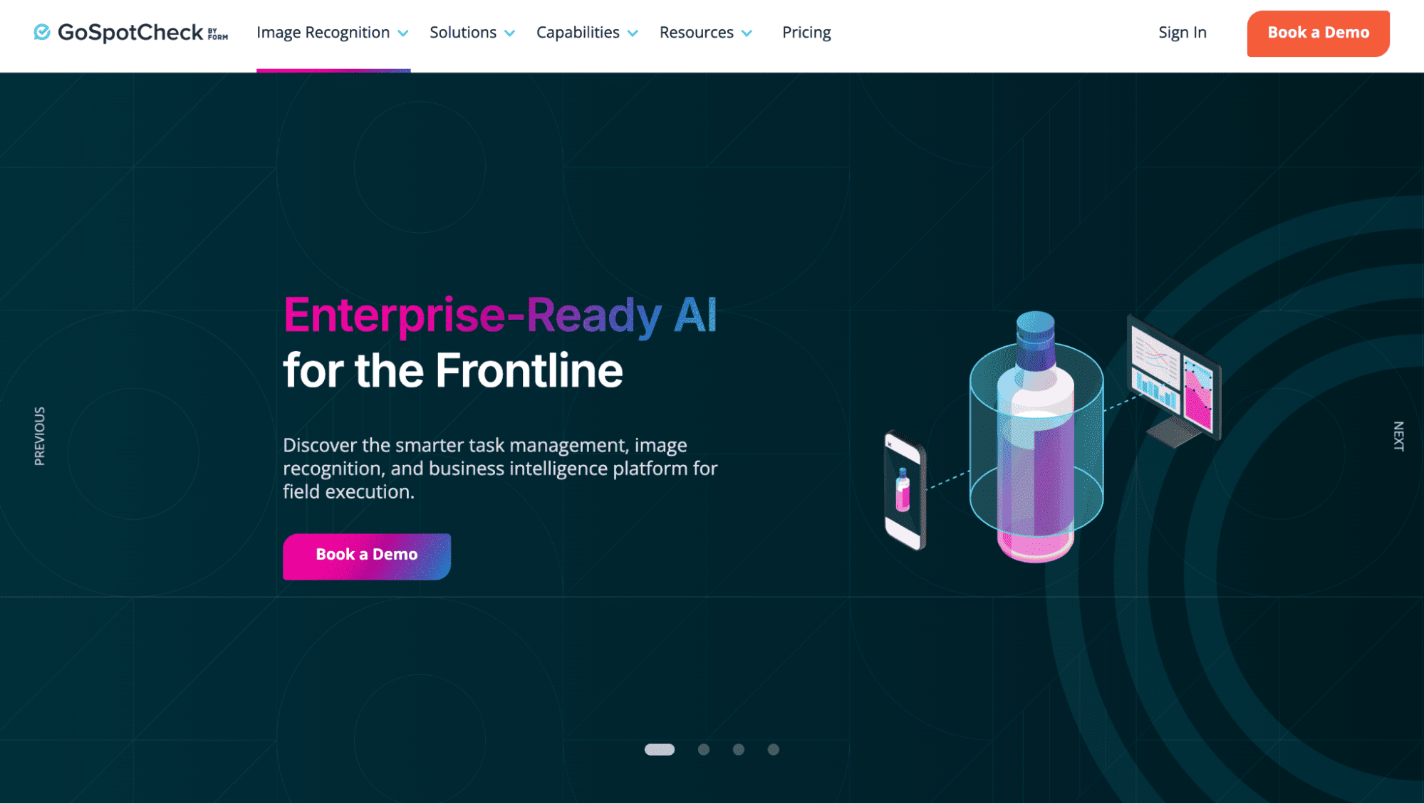 GoSpotCheck homepage with dark background, “Enterprise-Ready AI for CPG Field Reps” text, demo button, and bottle graphic with floating screens.