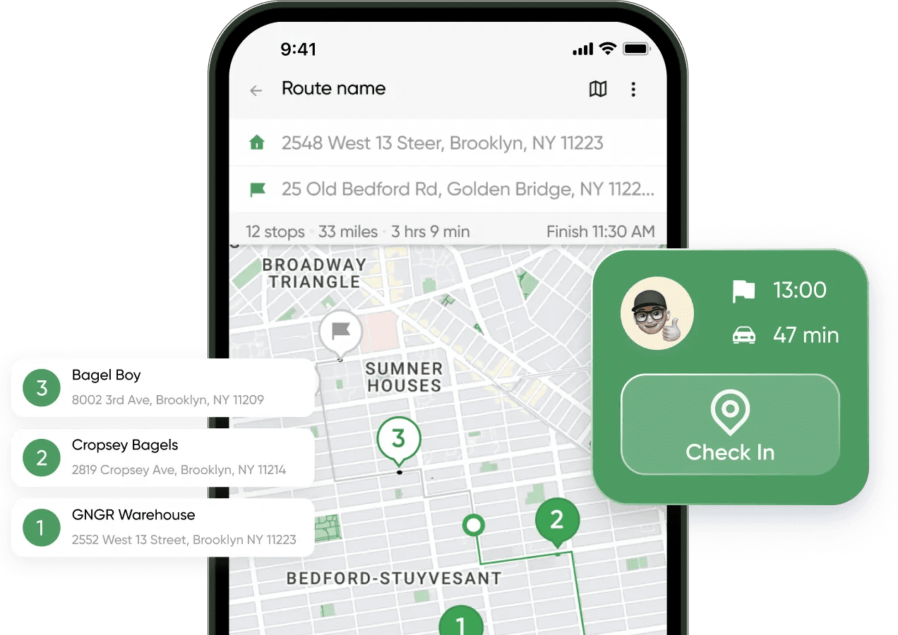 Smartphone shows Brooklyn NY delivery map with multiple stops, addresses, times, step numbers, and a check-in button via sales app.