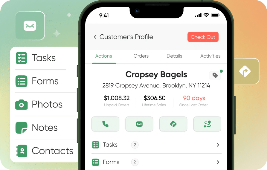 A smartphone displays a Cropsey Bagels CPG customer profile with address, order details, and sales tools for field reps to manage accounts.