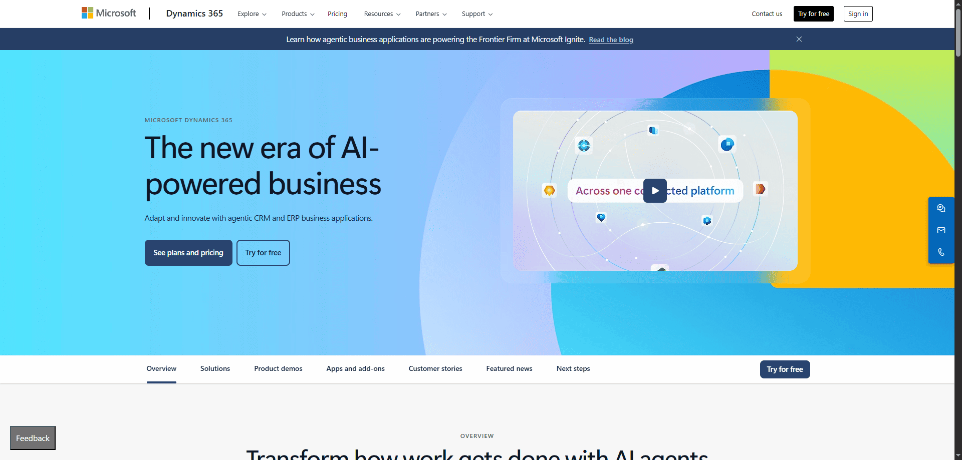 Microsoft Dynamics 365 homepage showing AI-driven retail CRM features, pricing and free trial options, and a visual of platform integration.