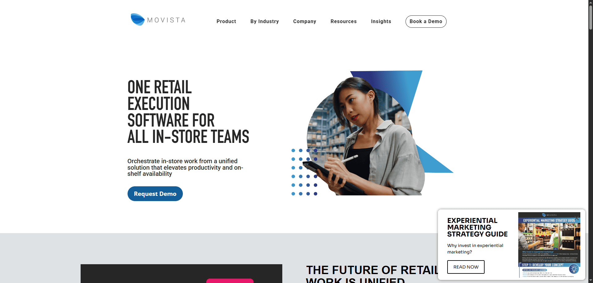 Movista homepage screenshot with “One Retail Execution Software for All In-Store Teams” header, woman holding tablet, blue accents.