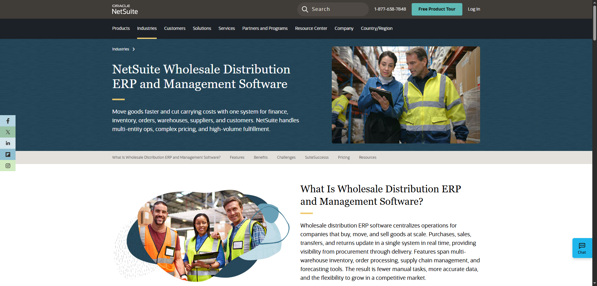 NetSuite Wholesale Distribution ERP webpage showing warehouse workers in safety gear, site navigation, and food distribution software info.