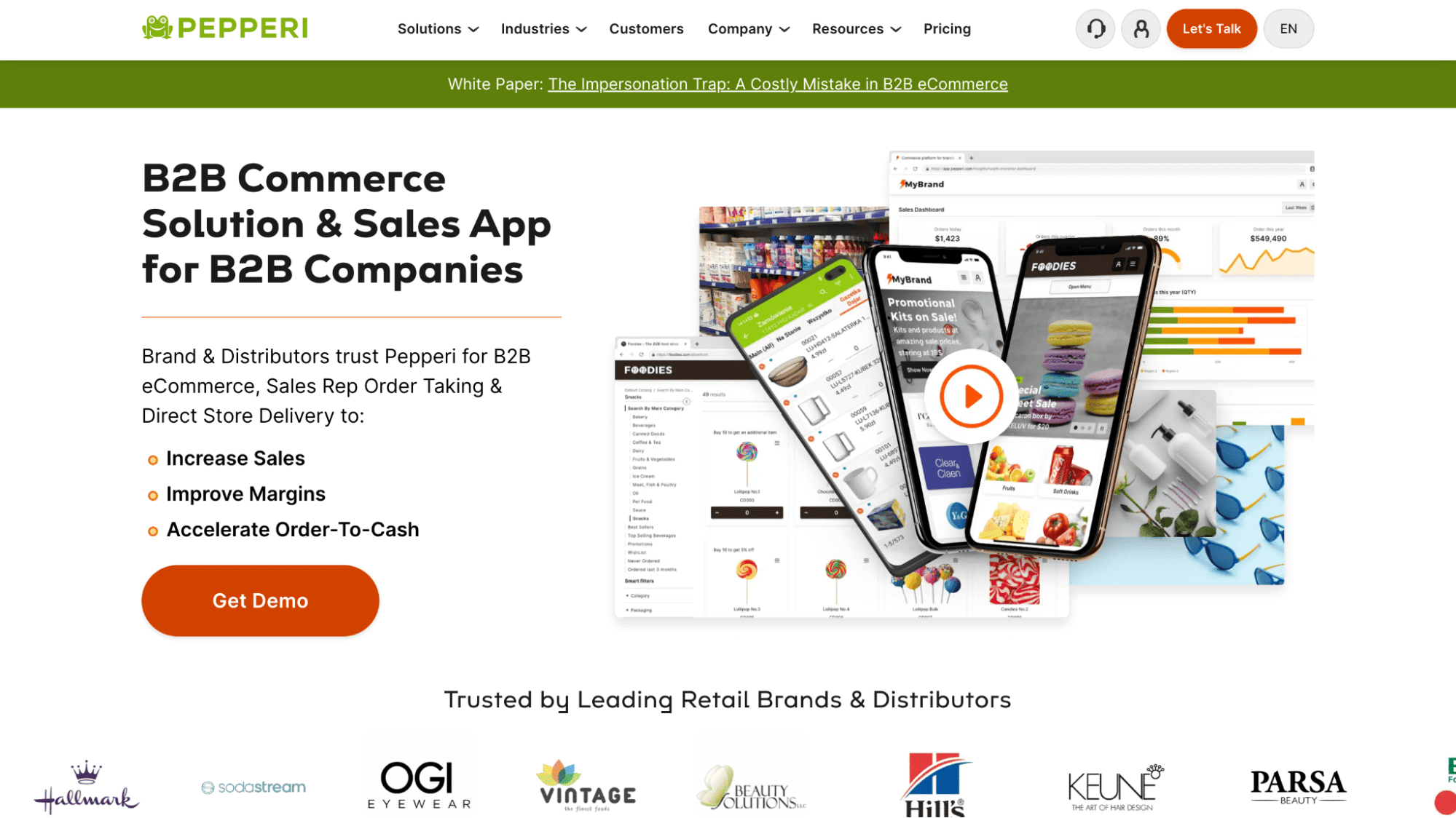 Pepperi homepage screenshot featuring B2B commerce for CPG brands, mobile sales tools, device images, CTA button, and brand logos.