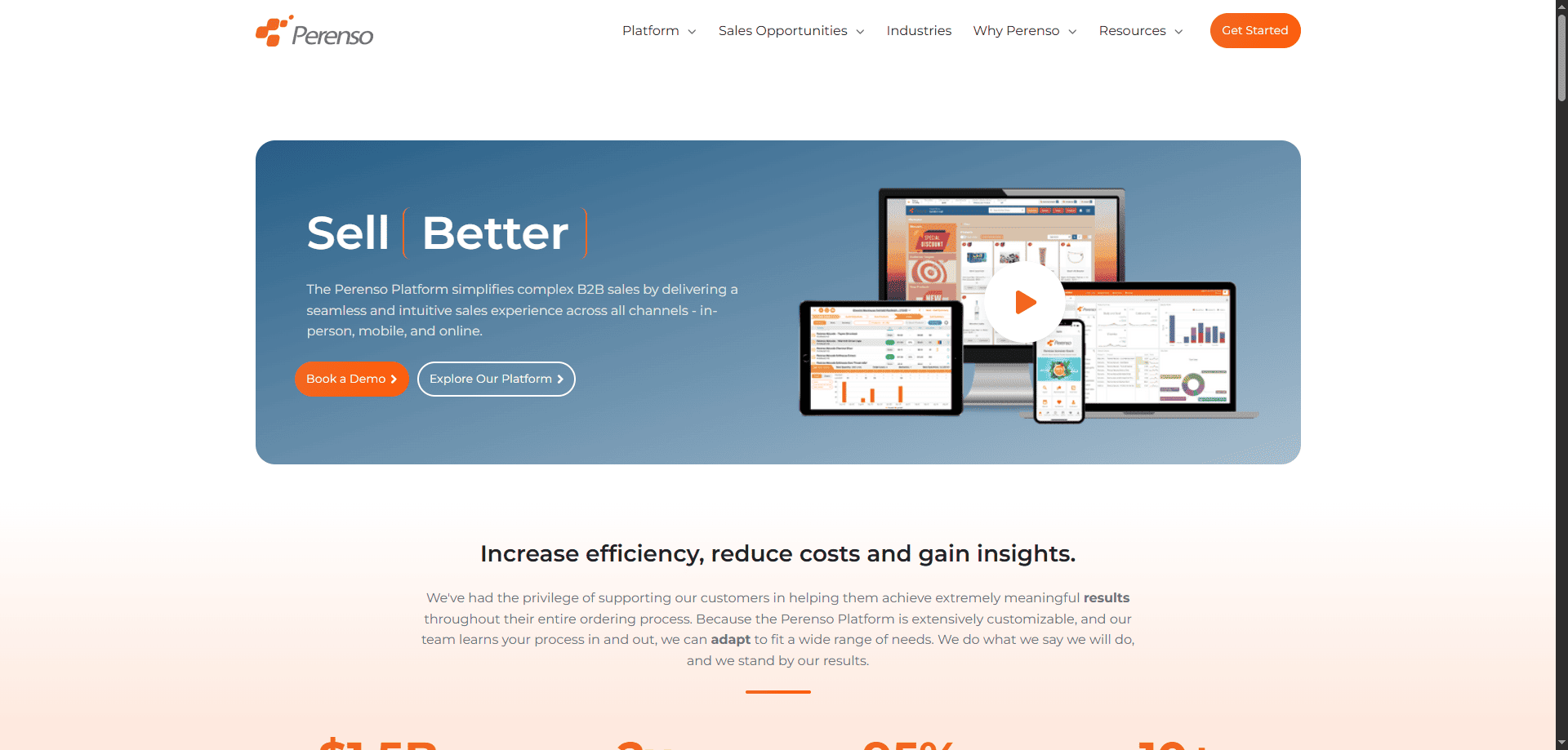Peerso homepage screenshot with "Sell Better" headline, B2B sales platform info, Sales Mapping Software, CTA buttons, and dashboard images.