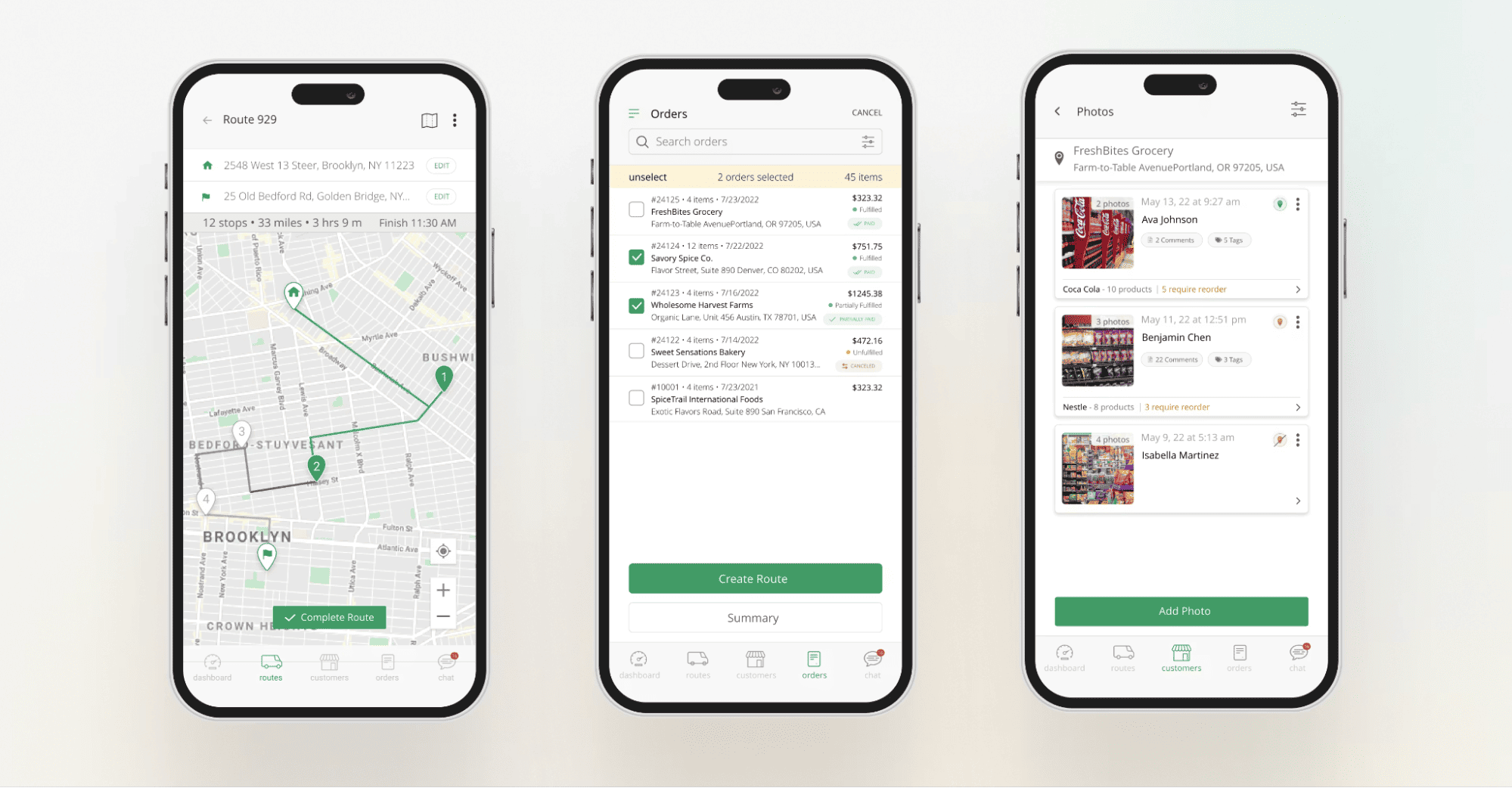 Three smartphones show sleek Mobile Sales Tools: a delivery route map, order list with prices, and grocery store photo checklist screens.