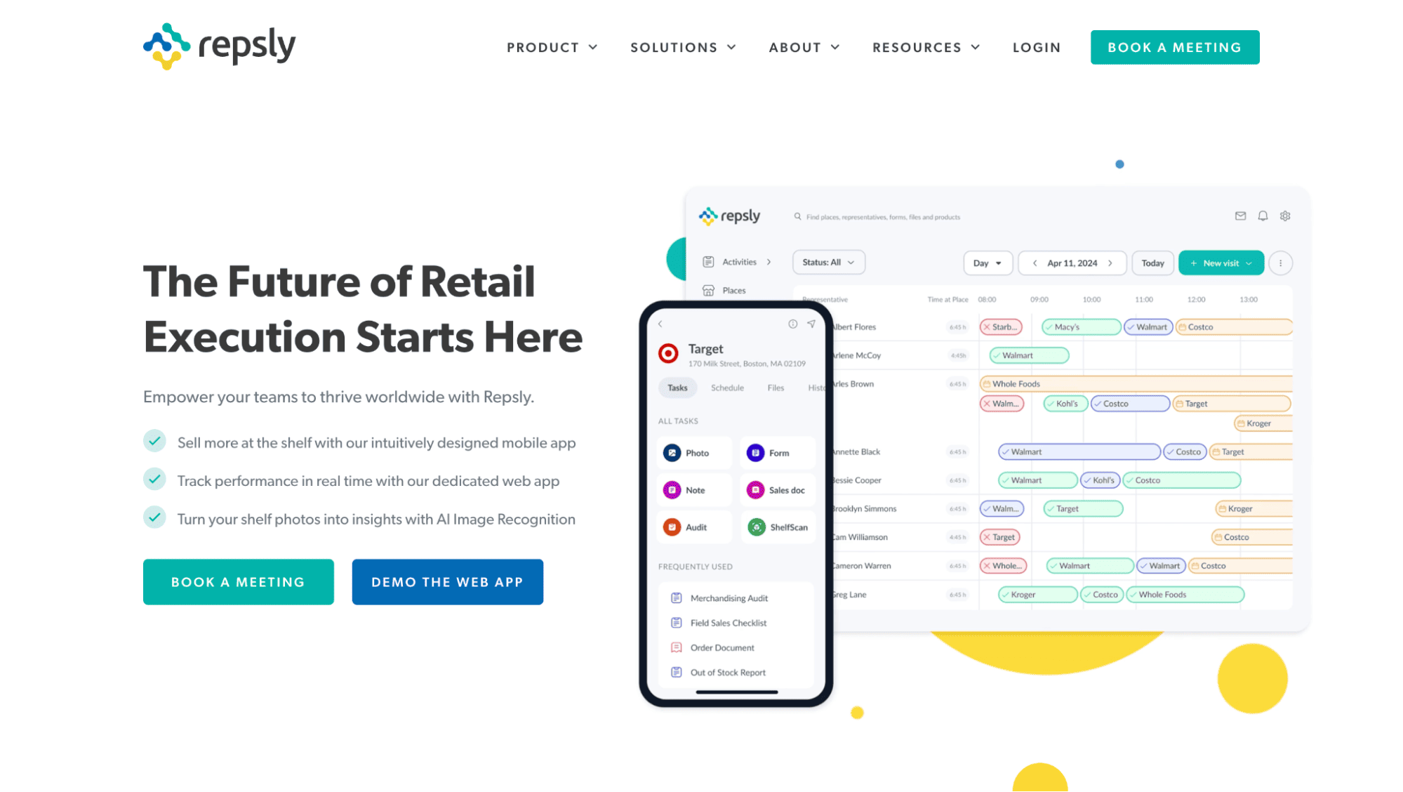 Repsly homepage with slogan "The Future of Retail Execution Starts Here," featuring mobile sales tools and dashboard with demo buttons.