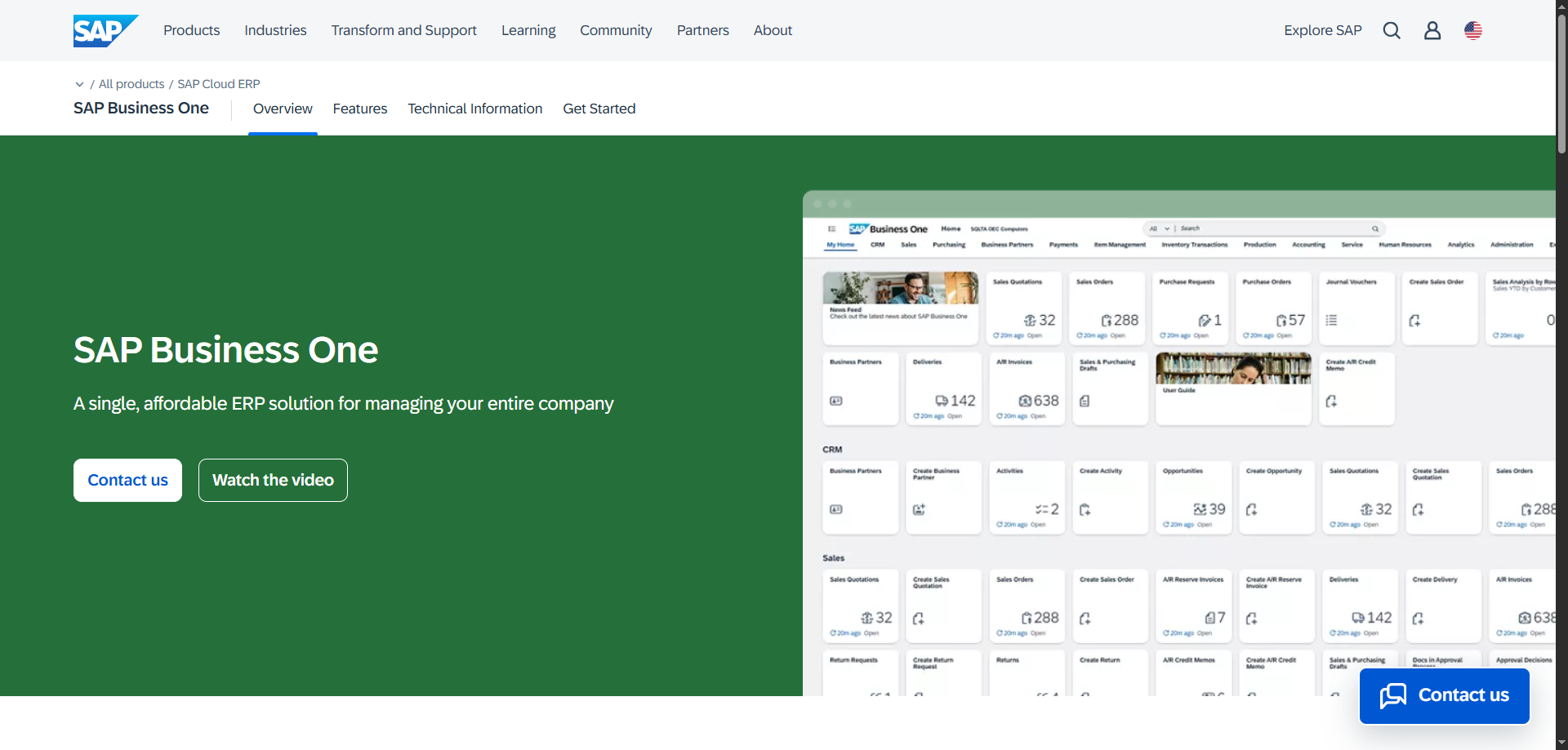 SAP Business One webpage with a green ERP 2026 banner, contact and video buttons, dashboard preview, and top navigation menu.
