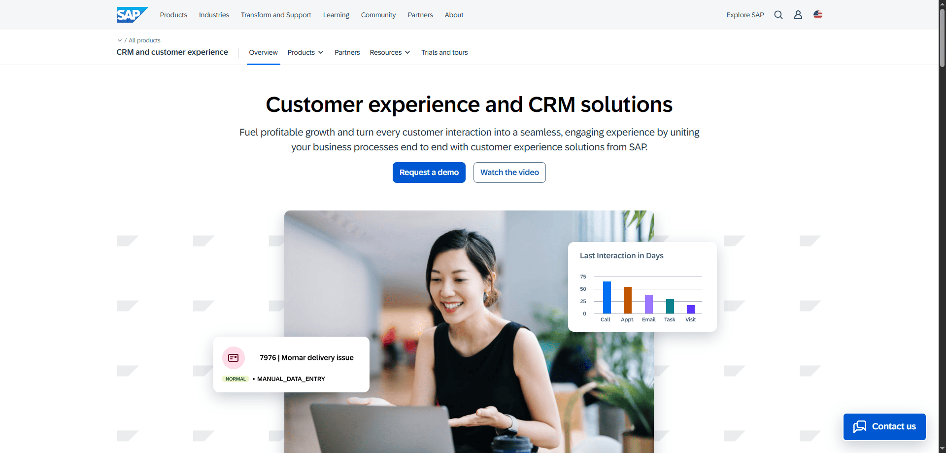 Smiling woman works on a laptop as SAP Retail CRM webpage displays charts, notifications, and blue demo and video buttons.