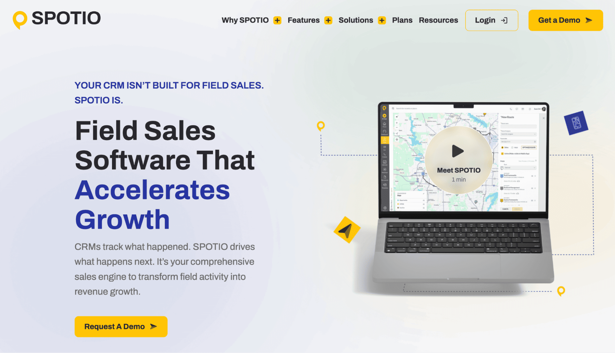 SPOTIO’s promotional webpage showcases mobile sales tools for field reps and CPG growth, with a yellow demo button and laptop map.