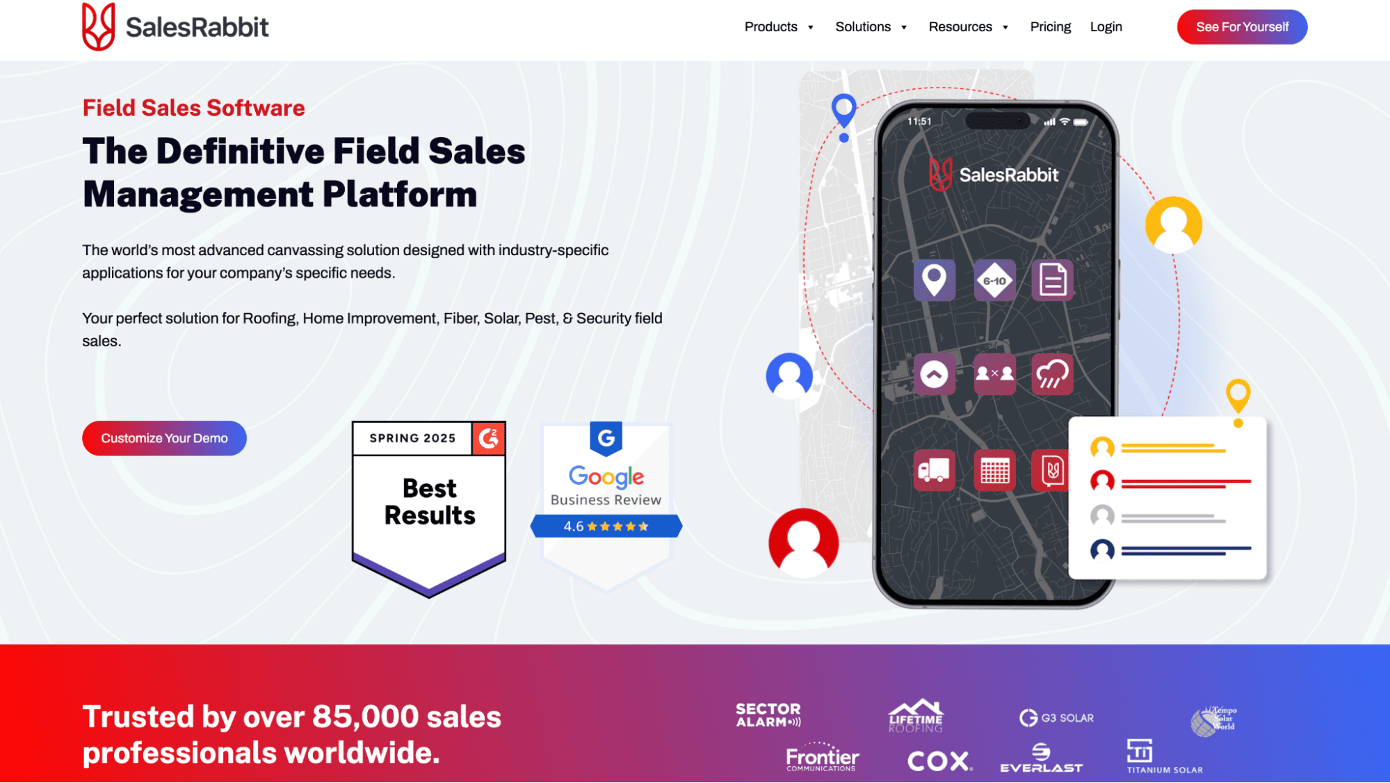SalesRabbit homepage screenshot with phone map graphic, sales icons, mobile tools messaging, and banner: trusted by 85,000+ reps.