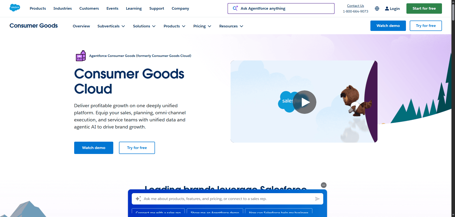 Salesforce Consumer Goods Cloud webpage with headline, details, demo and free trial buttons, mascot video on a cloud-themed backdrop.