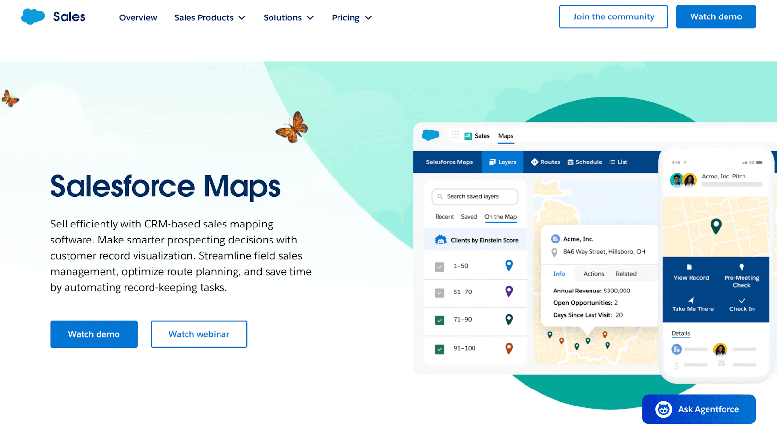 Salesforce Maps page shows a demo on CRM sales mapping, company map, sales sidebar, and options for demos or webinars. Butterfly decor.