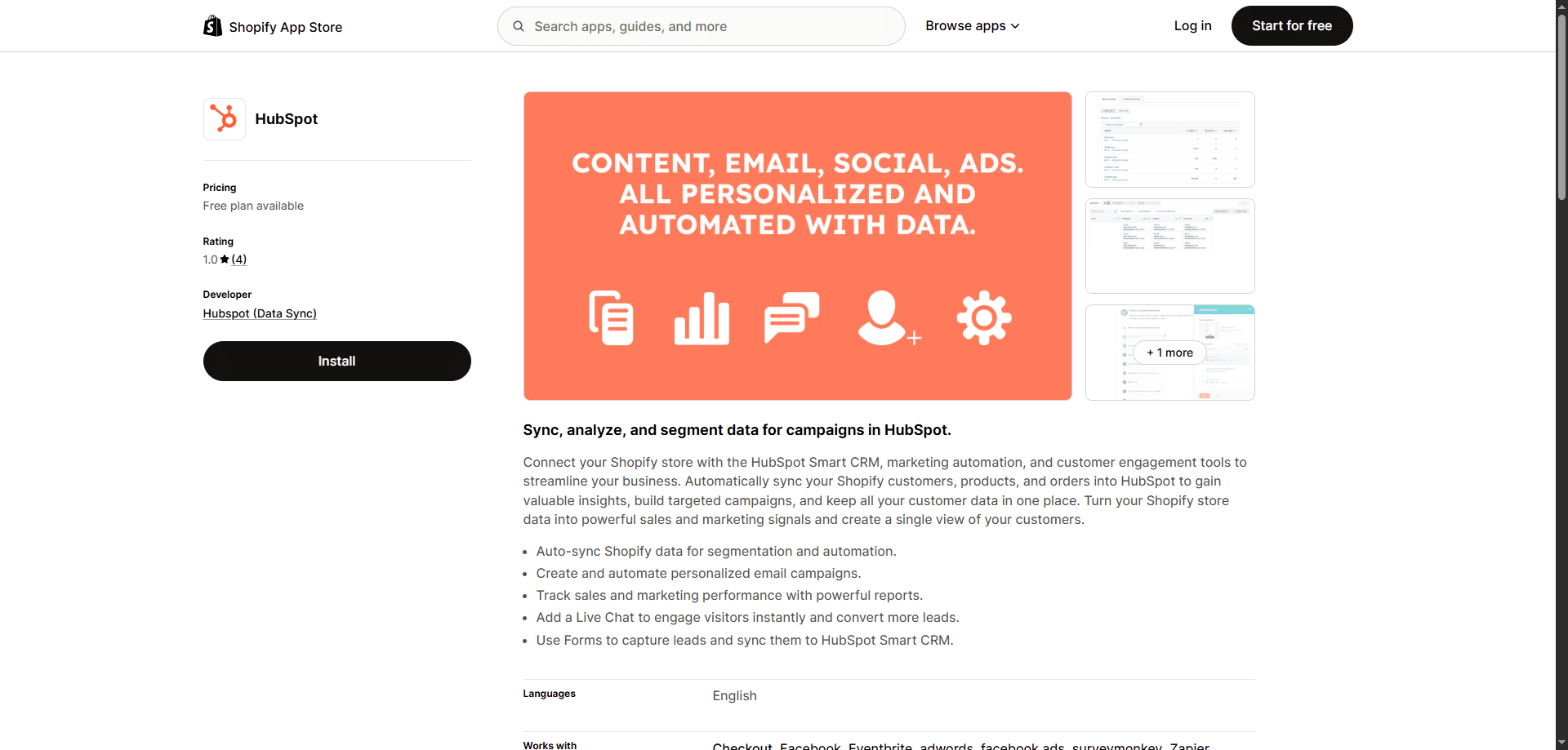 Shopify HubSpot app page with orange banner, icons, and text on personalized Content, Email, Social, Ads; toolkit and install button.