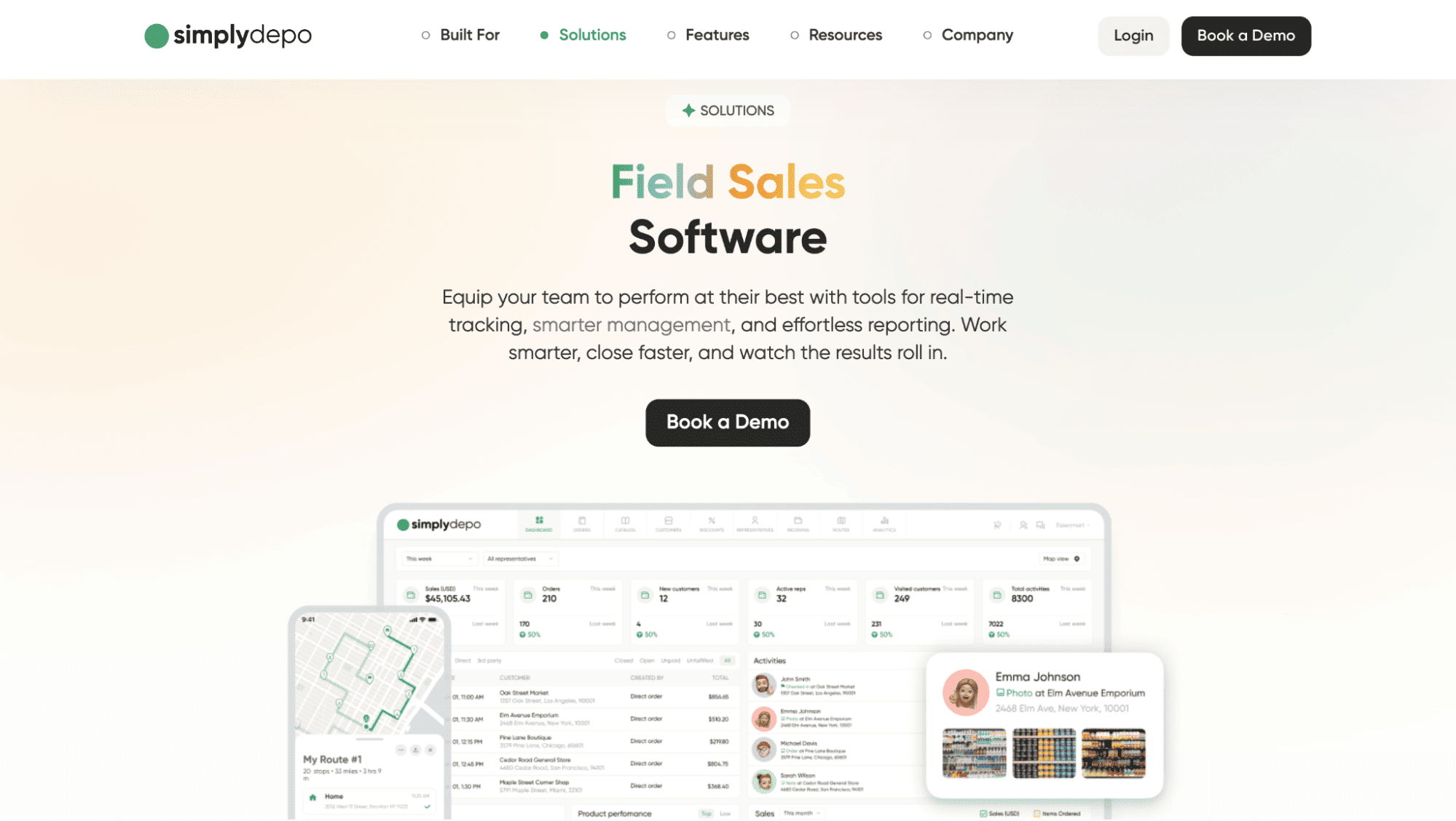 Simplydepo homepage displaying Field Sales Software for CPG reps, with Book a Demo button, menus, and dashboard analytics images.