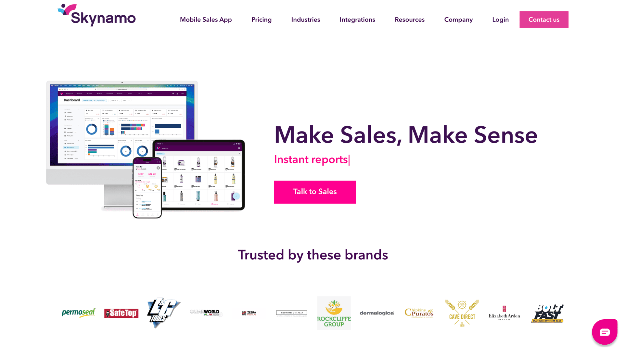 Skynamo homepage screenshot showing mobile sales tools for CPG reps, app screens on devices, “Make Sales, Make Sense” headline, and logos.