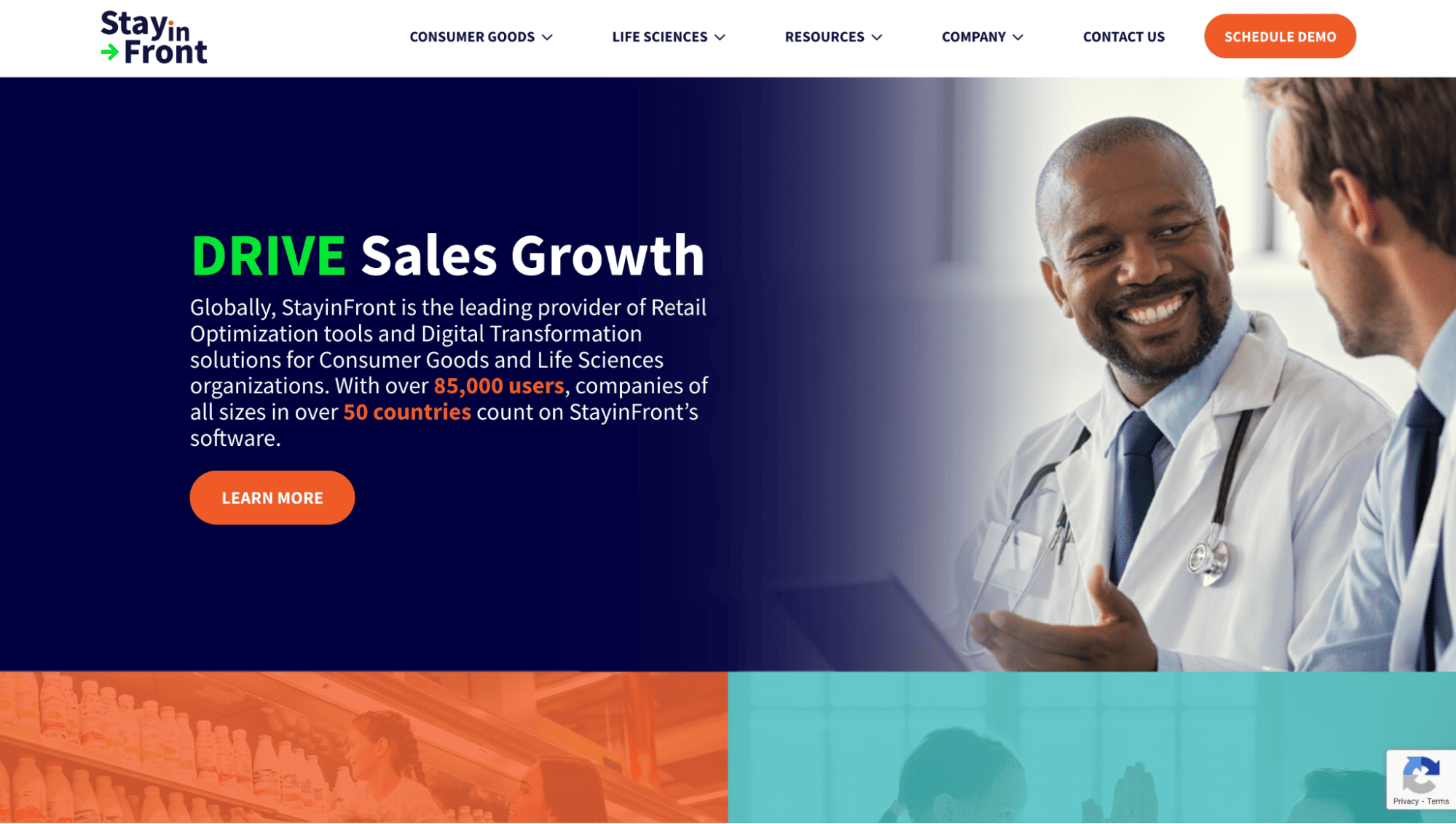 Website screenshot featuring a smiling doctor in conversation, headline "DRIVE Sales Growth," StayinFront CPG software, bold stats, orange Learn More button.