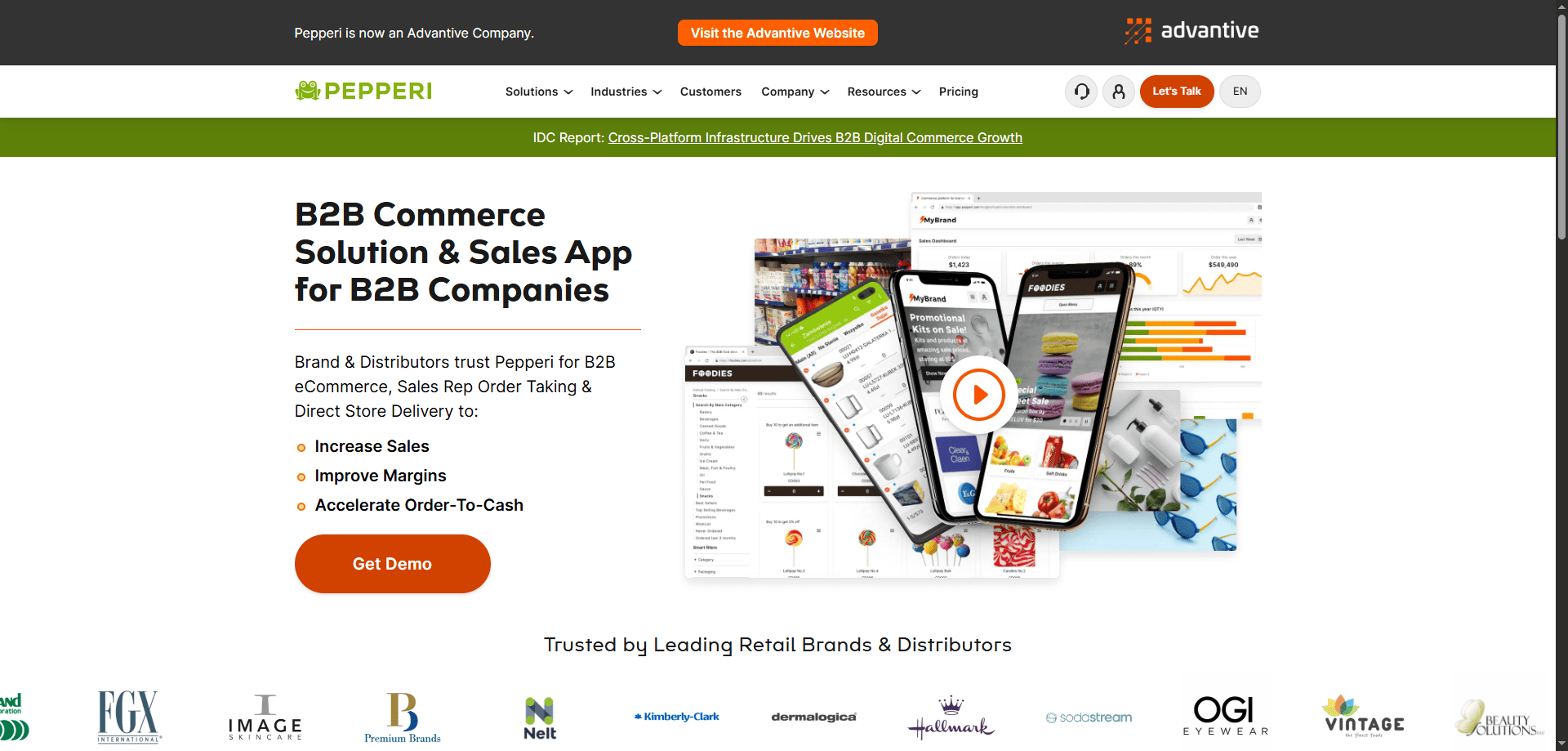 Pepperi website screenshot showcasing B2B commerce solutions, mobile sales app, Get Demo button, trust badges, and top retail logos.