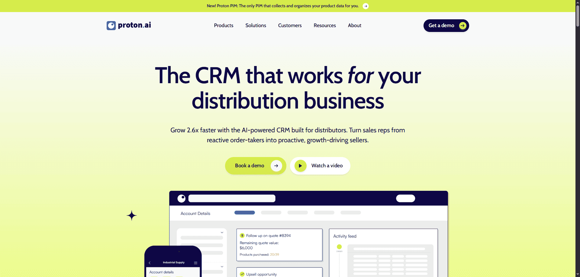 Proton.ai homepage screenshot showing the headline, CRM tools for distributors, navigation links, demo and video buttons, and UI graphics.